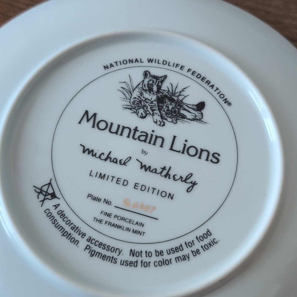 Michael Matherly Mountain Lions Limited Edition Collector's Plate Home Decor - Picture 5 of 8